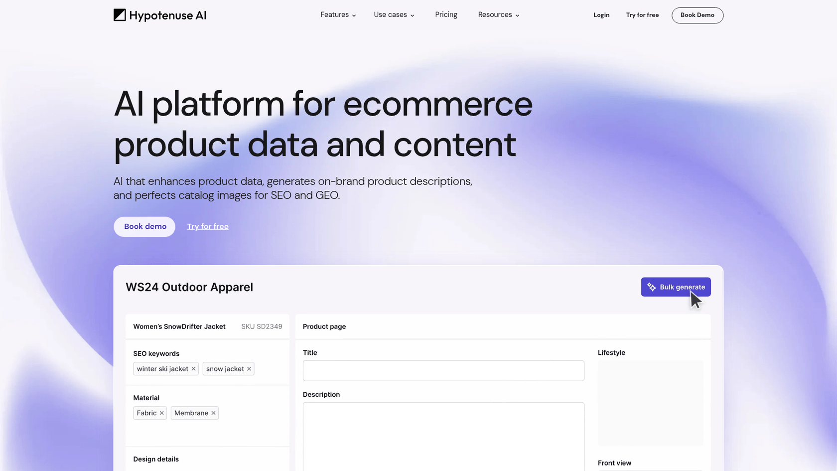 A screenshot of the Hypotenuse.ai homepage, an AI bulk content generator for e-commerce content.