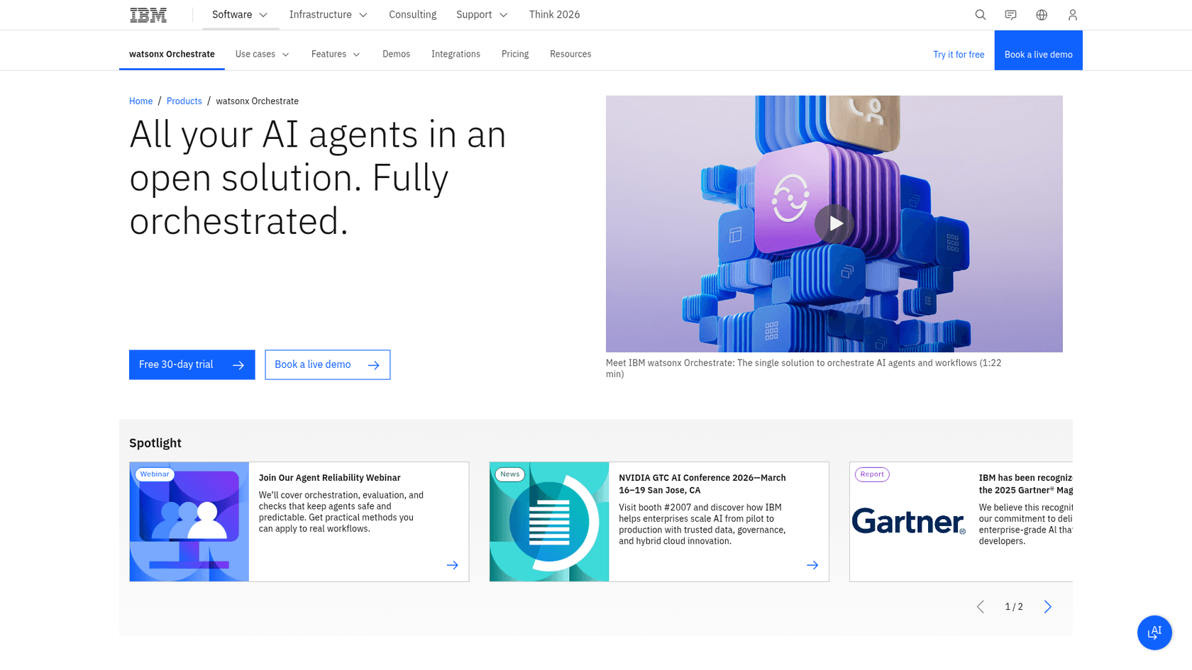 IBM watsonx OrchestrateエンタープライズAIプラットフォームのランディングページ