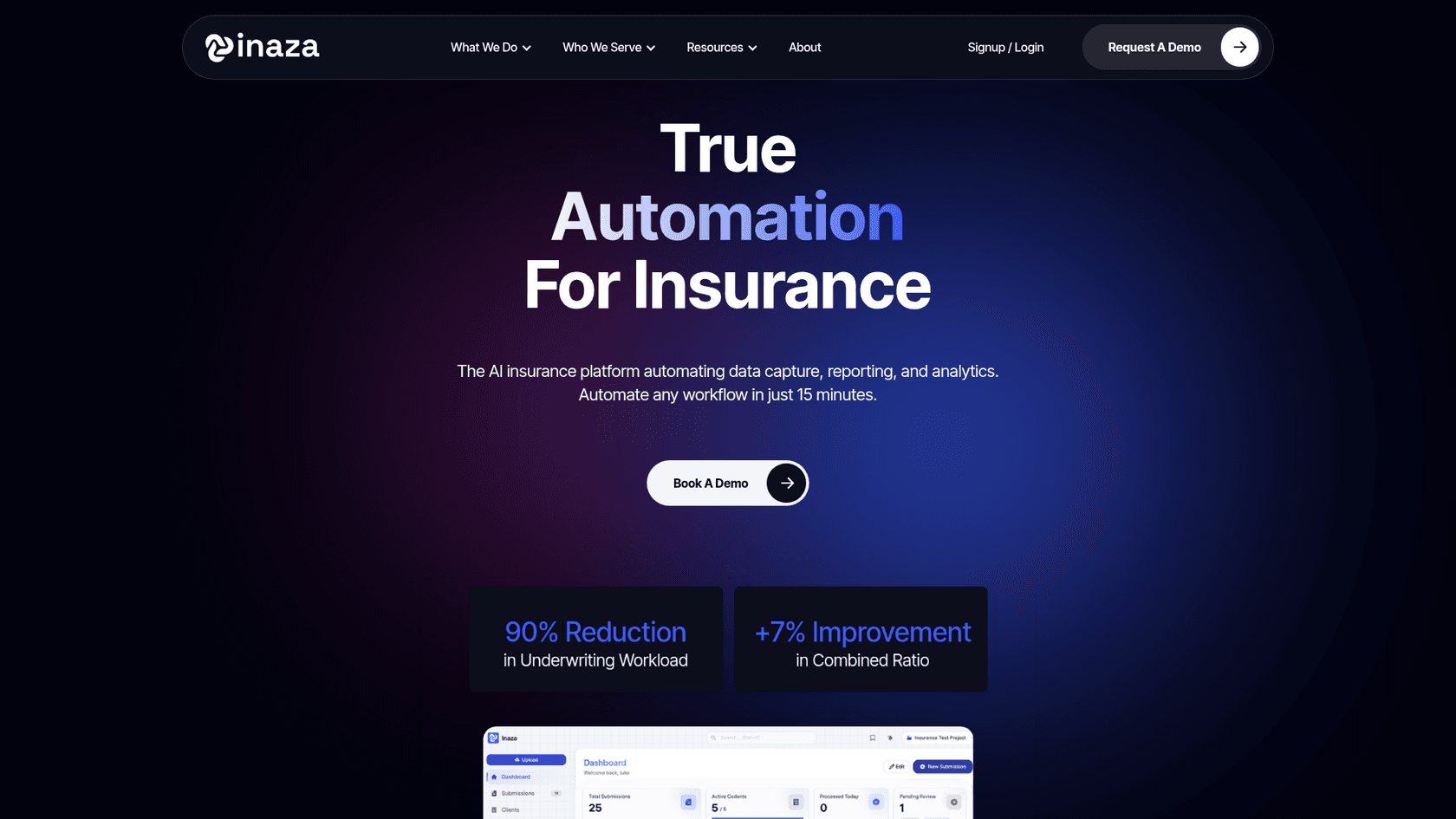 A screenshot of Inaza's landing page.