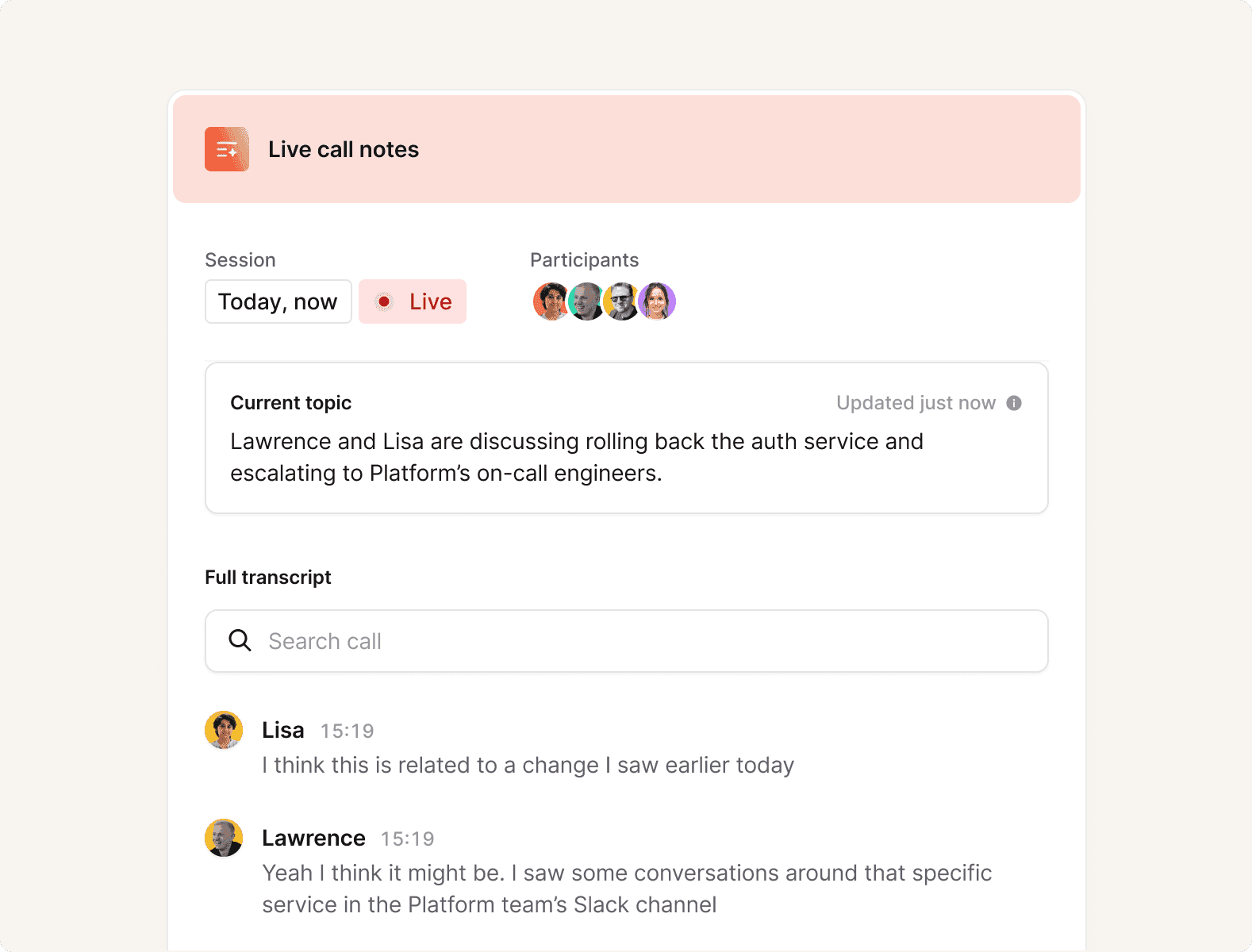 incident.io Scribe showing live call notes during an active incident: current topic summary, full transcript with timestamps, and participant list