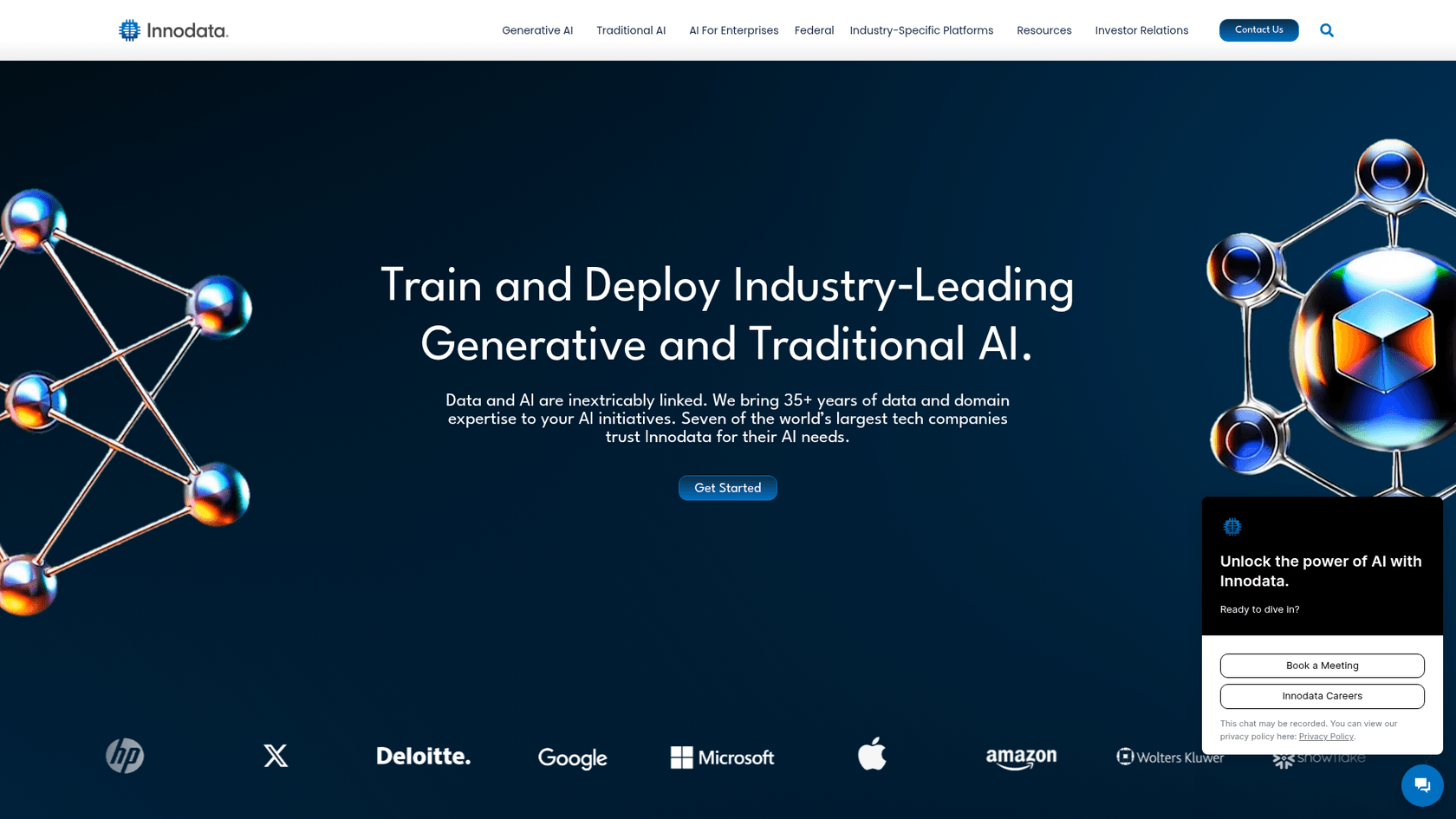 A screenshot of the Innodata website, which provides enterprise solutions for AI publishing automation.