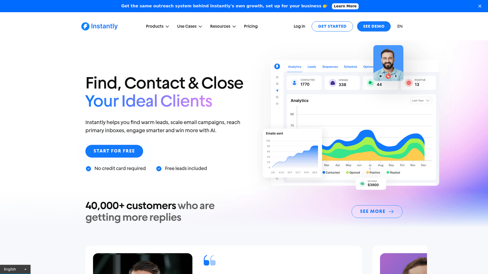 A screenshot of the Instantly.ai homepage, a tool for scaling email campaigns as part of an AI lead generation content AI strategy.