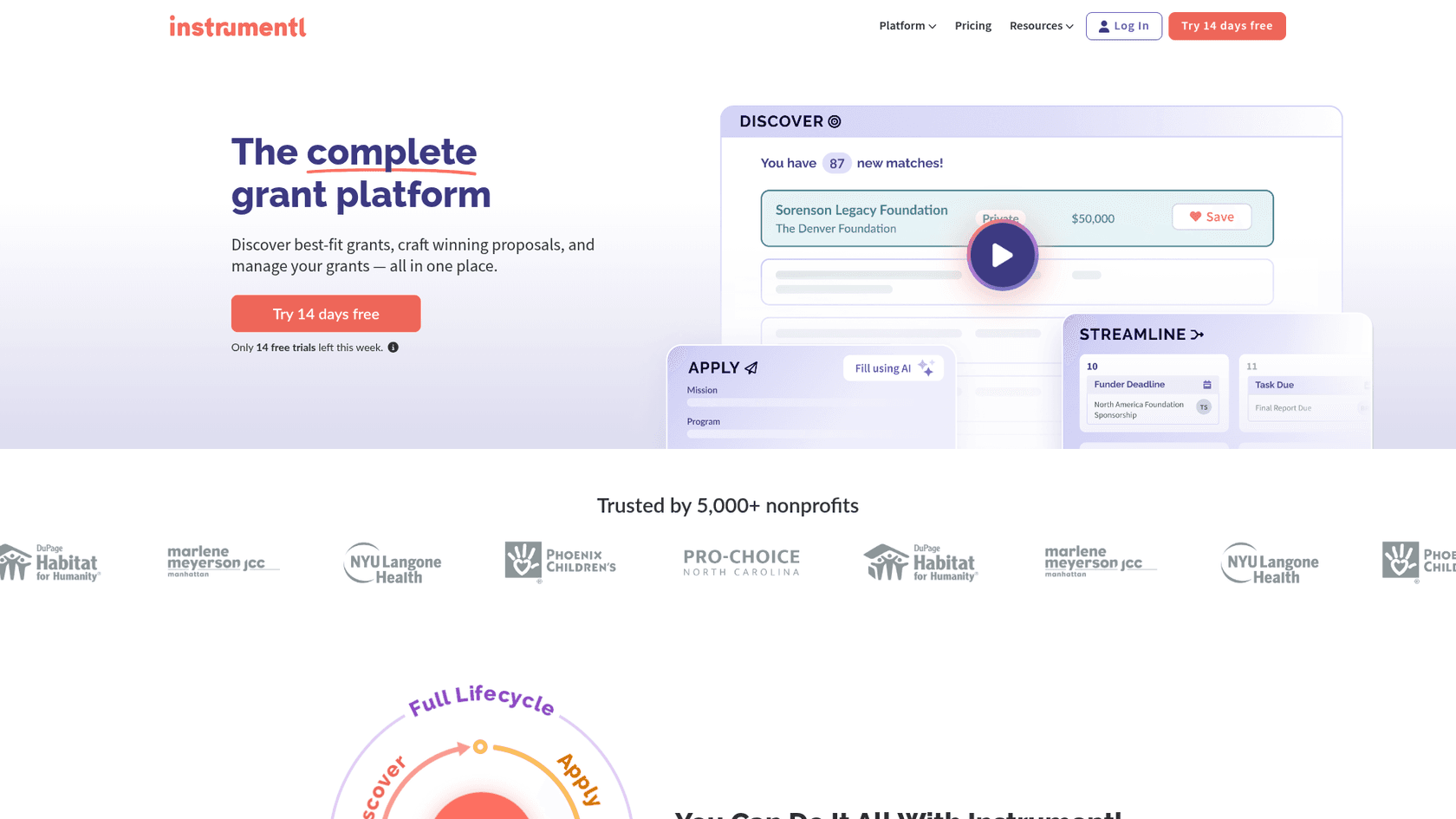 A screenshot of the Instrumentl homepage, an example of AI grant writing software.