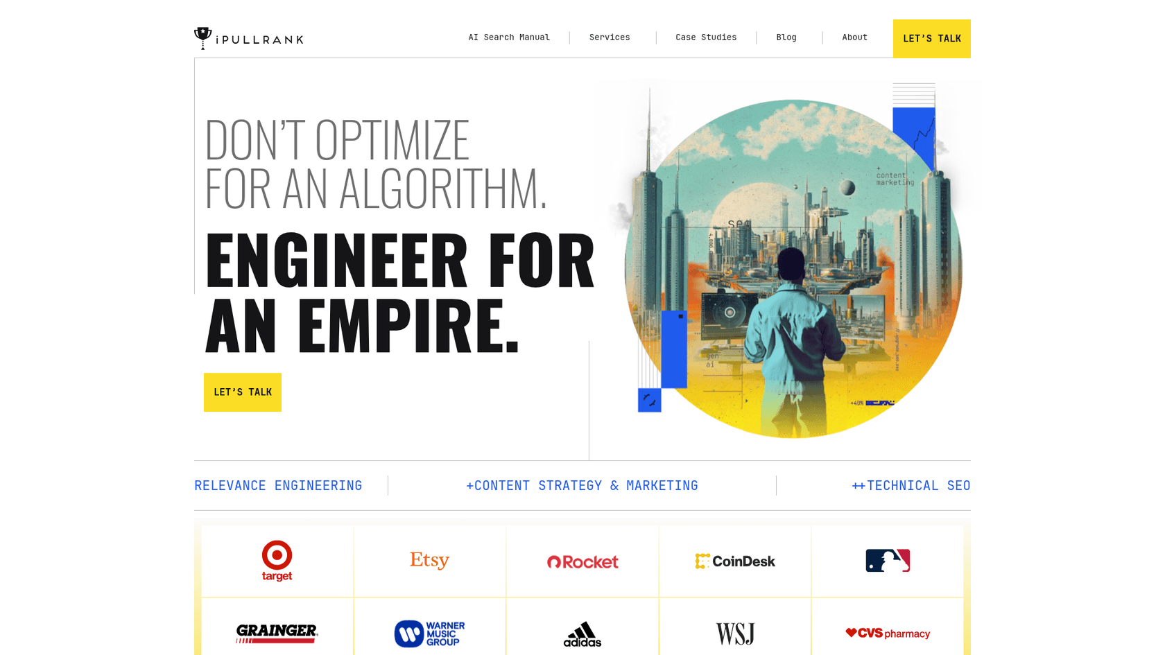 Ein Screenshot der Landingpage von iPullRank, einem technischen KI-SEO-Unternehmen, das für Relevance Engineering bekannt ist.