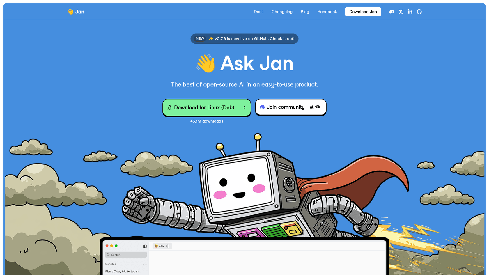 Ein Screenshot der Jan.ai-Homepage, eine privatsphäre-orientierte Wahl unter den OpenClaw AI-Alternativen.