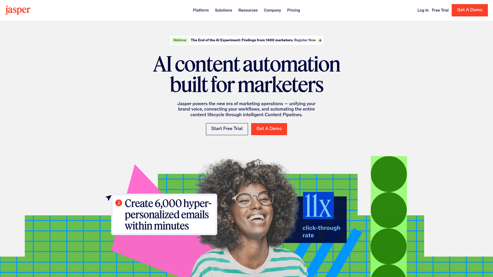 カスタマイズ可能なAI SEOエージェントを含むプラットフォームを紹介するJasper AIウェブサイトのランディングページのスクリーンショット。