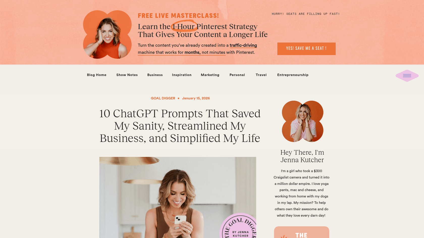 Une capture d'écran du blog de Jenna Kutcher, affichant son article sur les prompts ChatGPT pratiques pour les affaires et la vie.