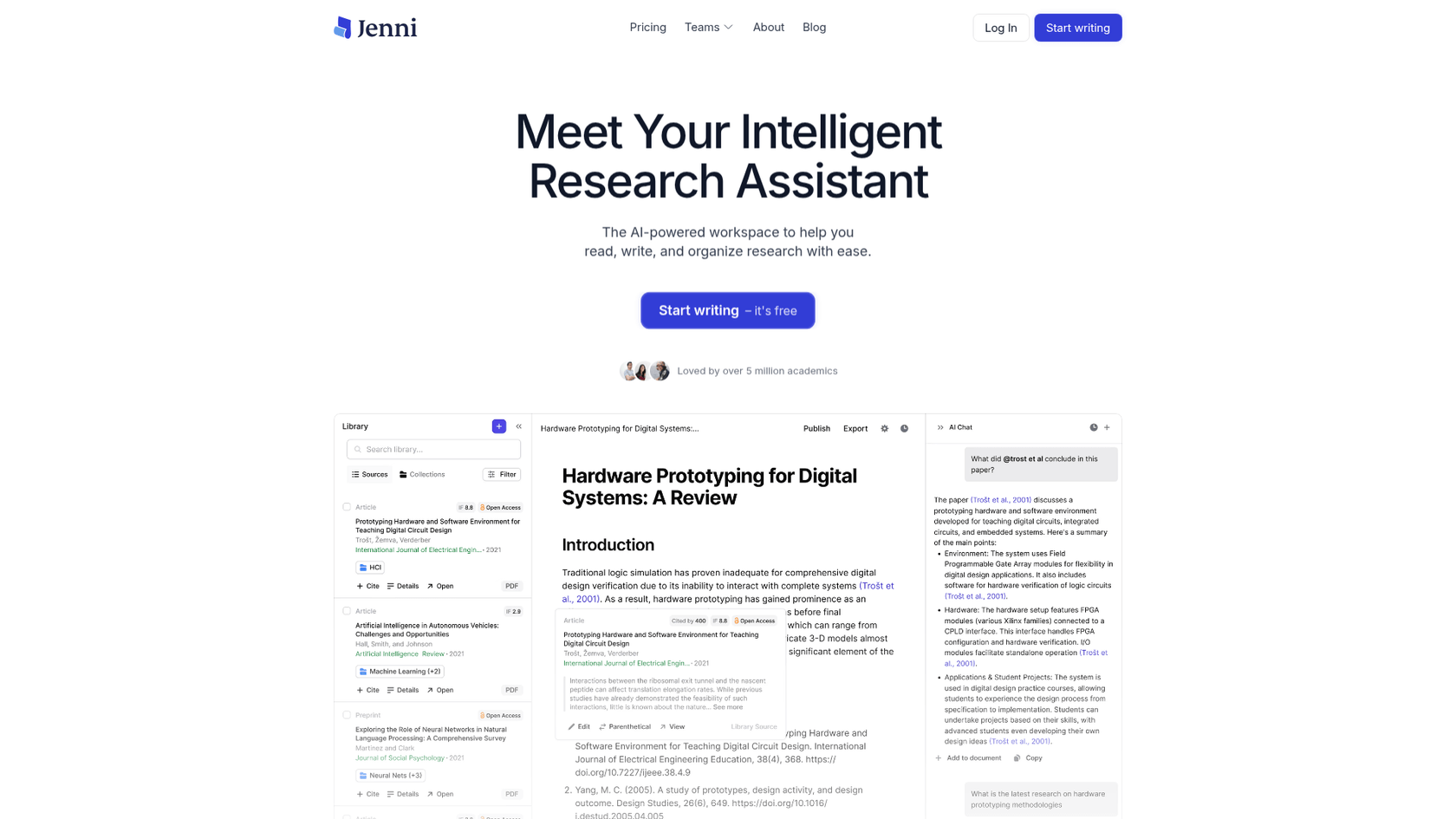 A screenshot of the Jenni AI homepage, an article writer AI focused on academic content.
