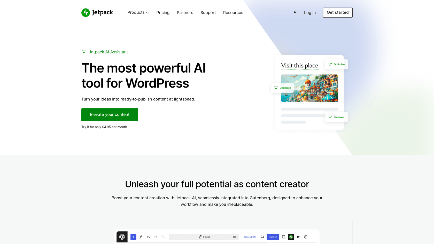 A screenshot of the official product page for the Jetpack AI blog writer for WordPress.