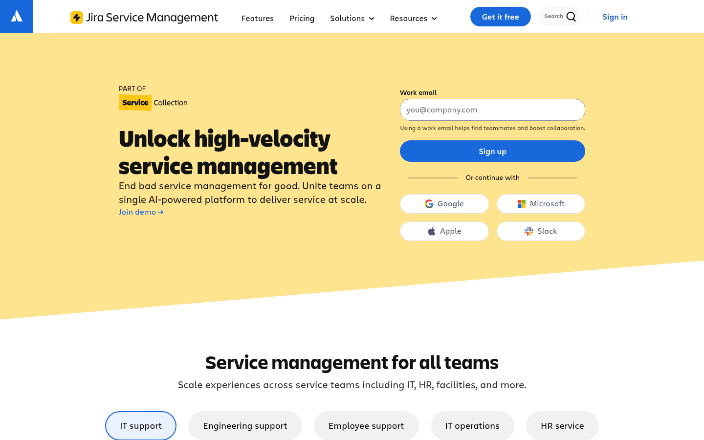 A screenshot of the Jira Service Management homepage, a popular choice among ServiceNow competitors.