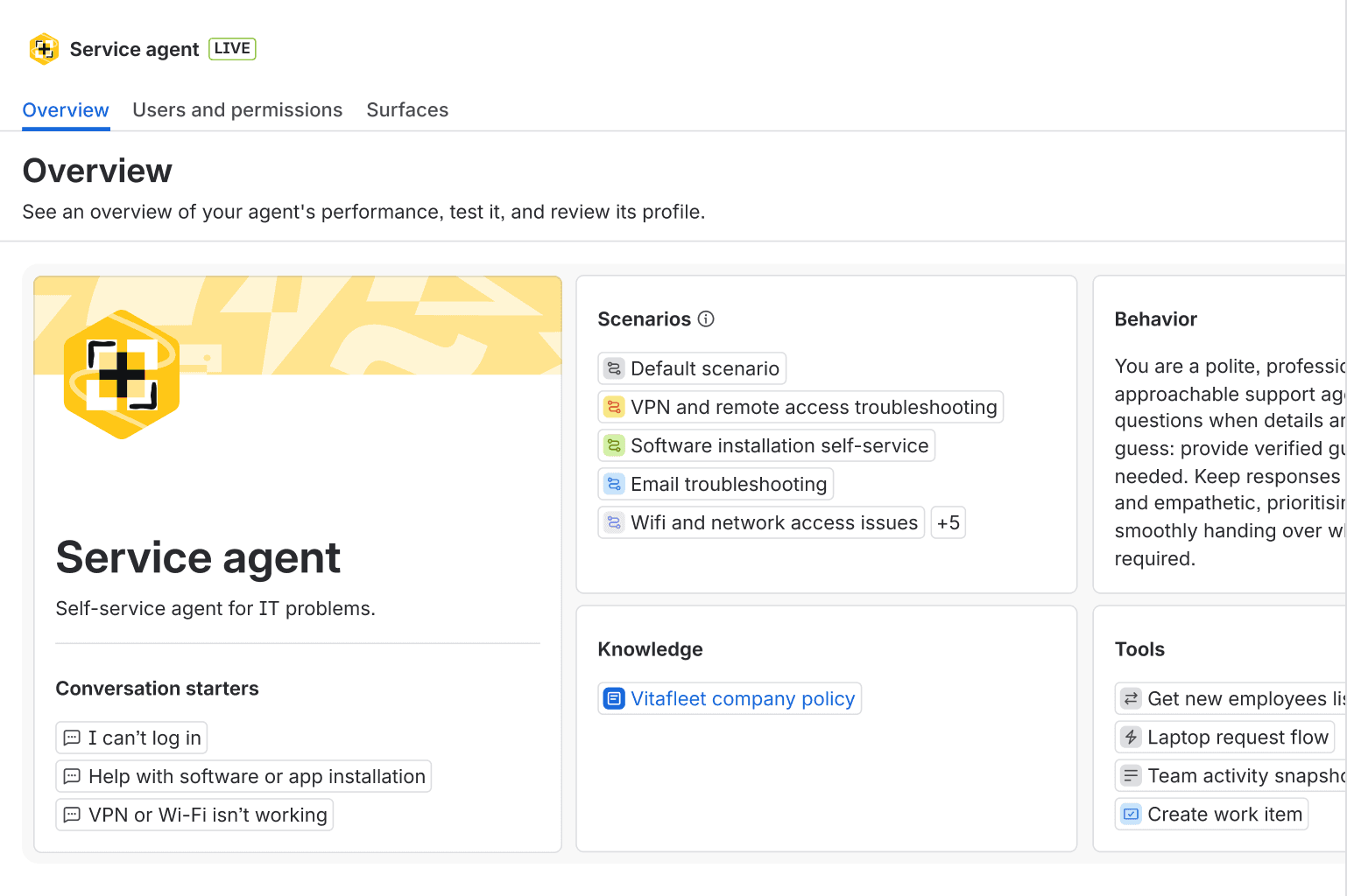 Atlassian JSM Virtual Service Agent configuration showing IT support scenarios including VPN troubleshooting, software installation, and email issues with linked knowledge and tools
