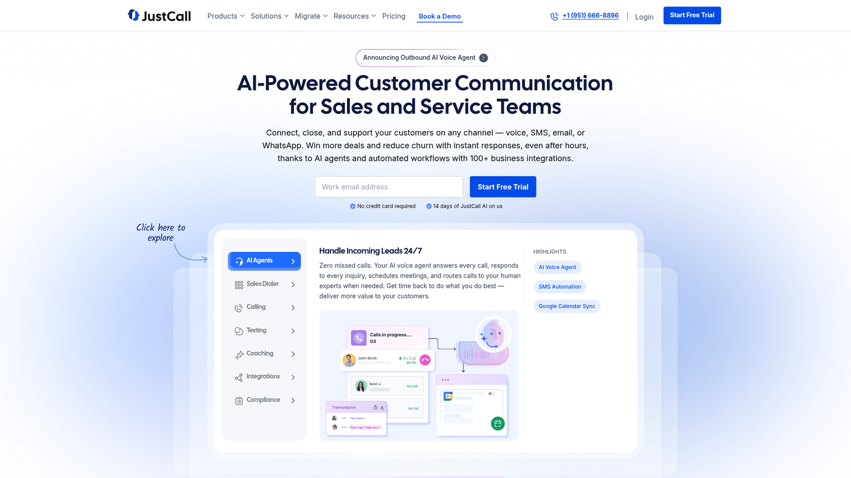 JustCall landing page with revenue communication platform messaging