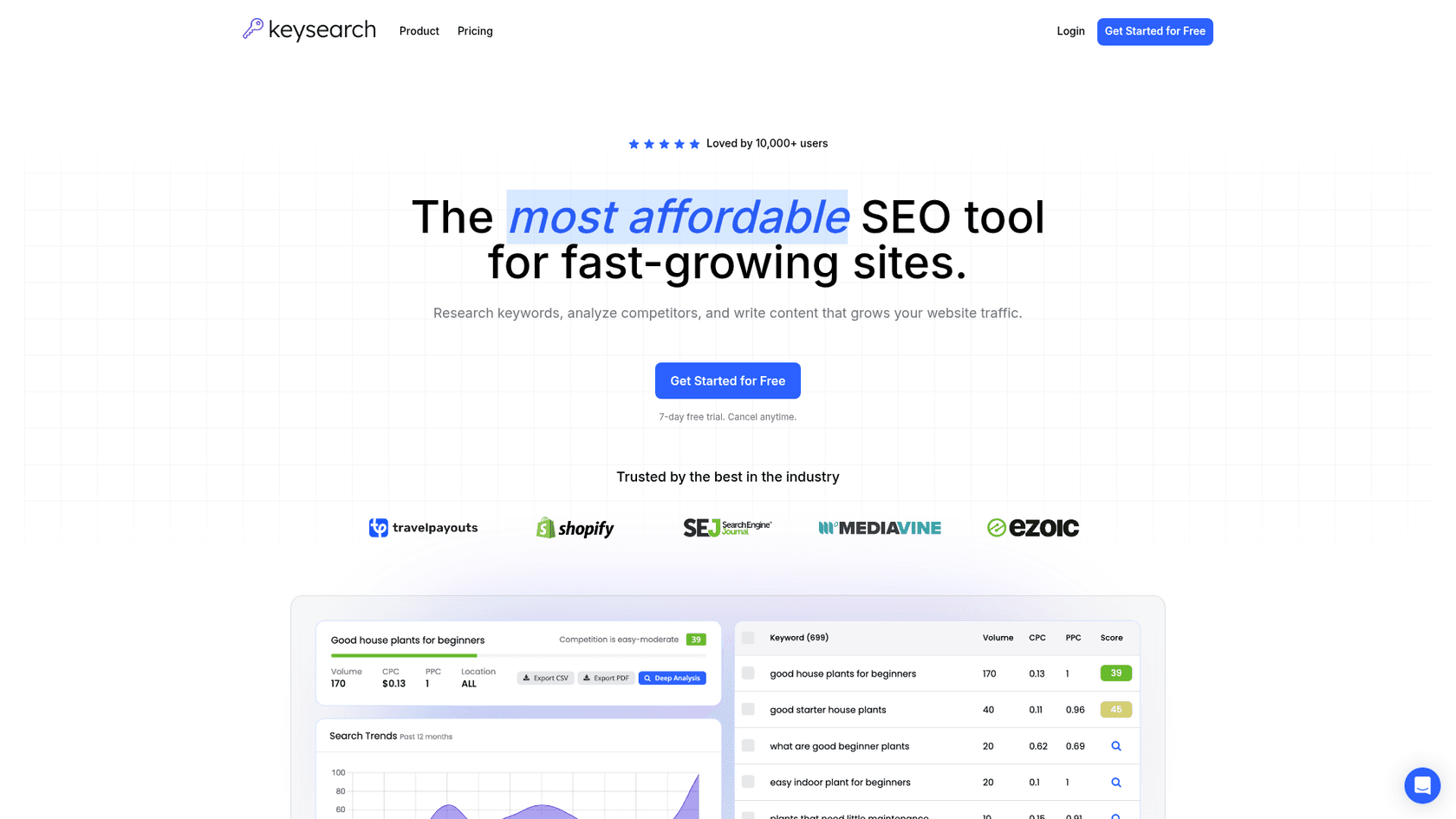 A screenshot of the Keysearch homepage, an example of affordable SEO tools for keyword research.