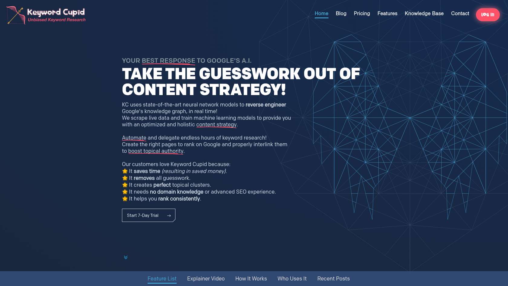 A screenshot of the Keyword Cupid keyword grouping tool website homepage.
