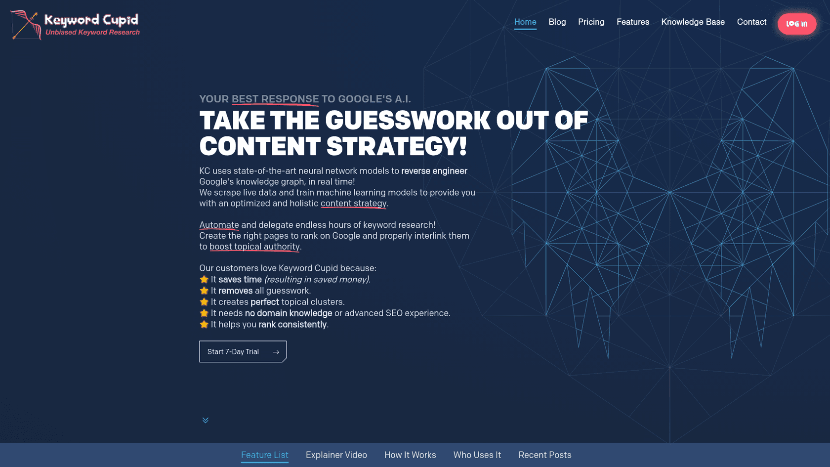 A screenshot of the Keyword Cupid keyword grouping tool website homepage.