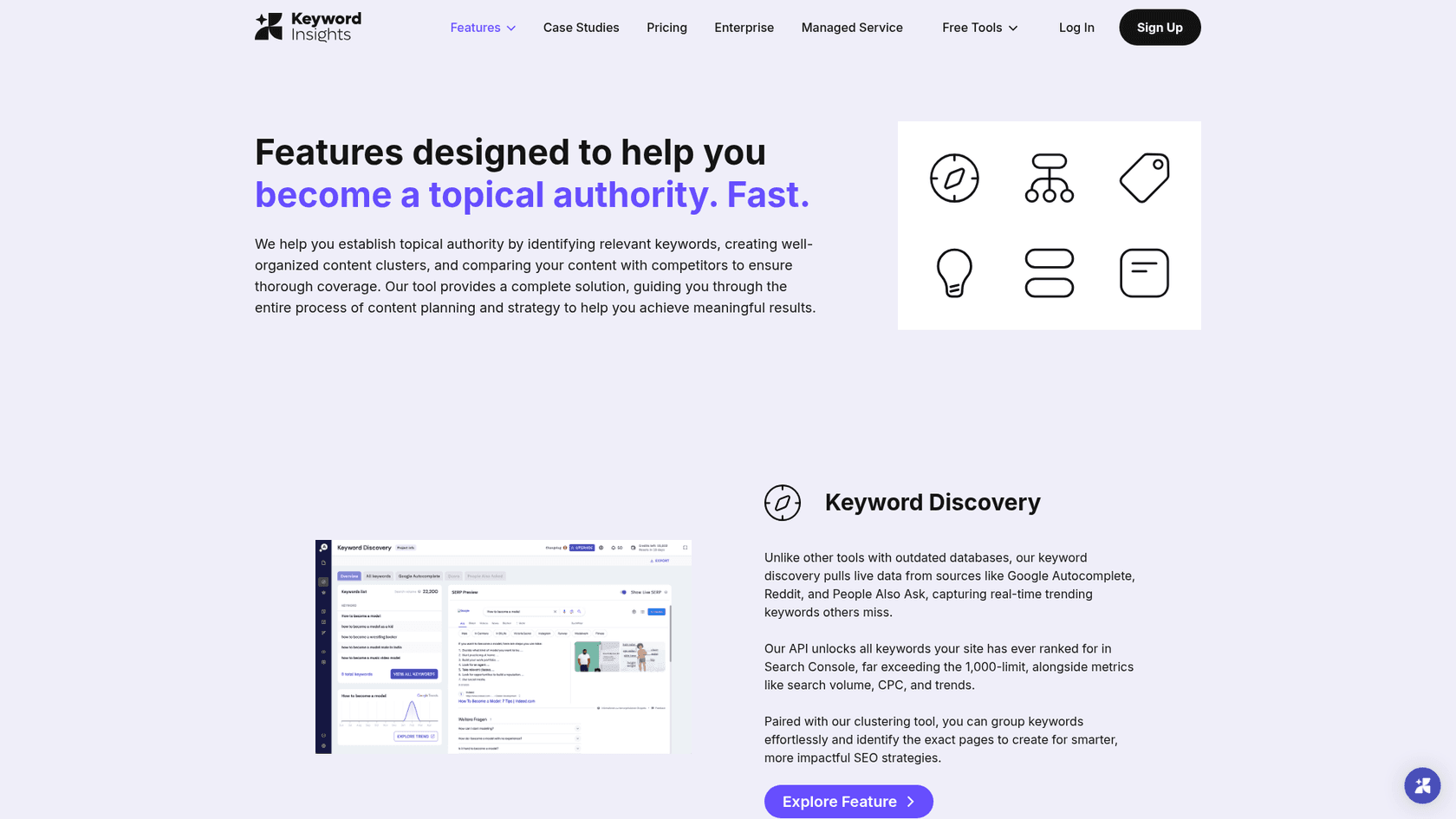 A screenshot of the Keyword Insights homepage, a specialized tool that shows how to cluster keywords automatically based on SERP data.