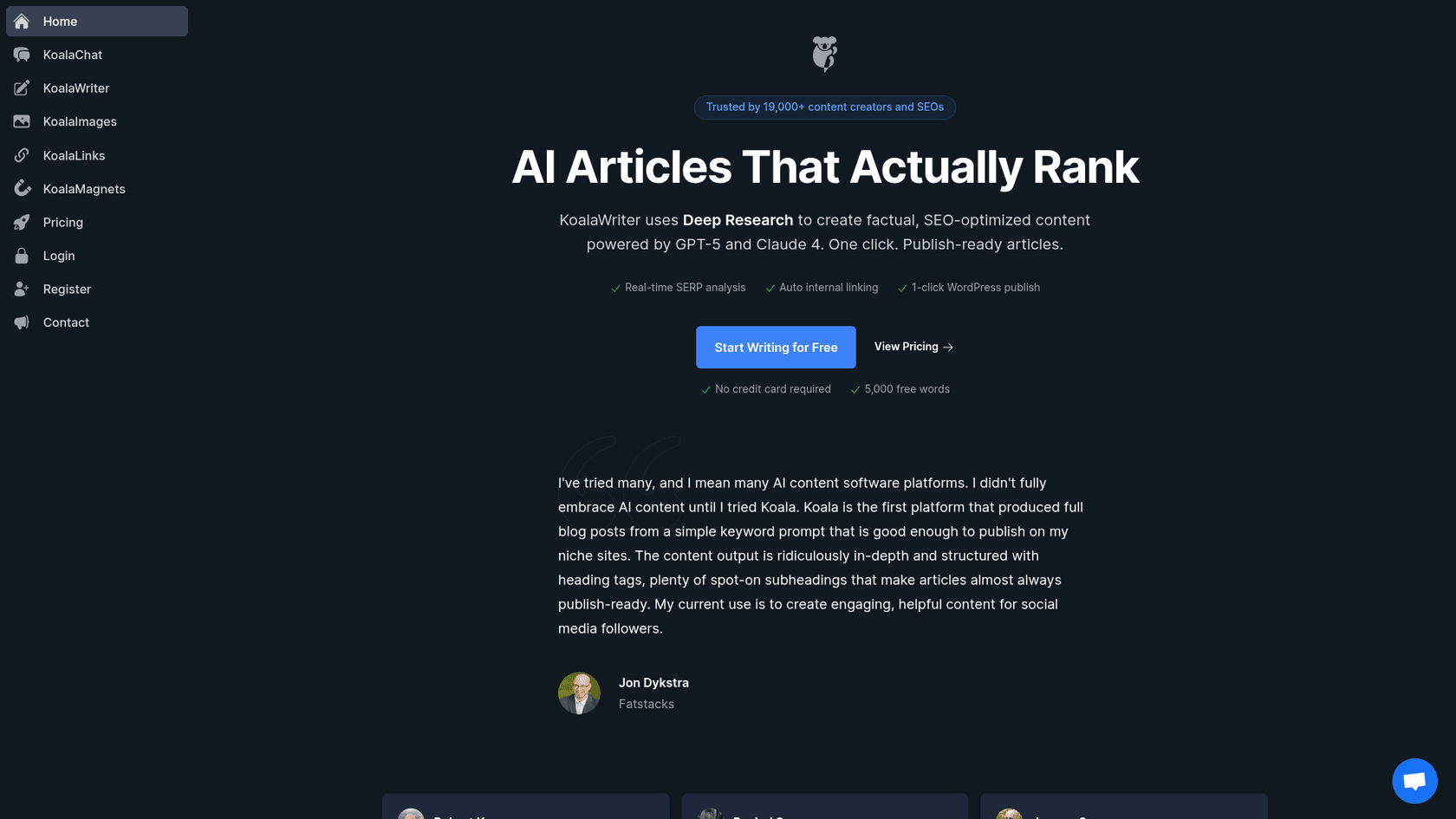 A screenshot of the Koala AI landing page, relevant for a Koala AI vs Surfer SEO comparison.