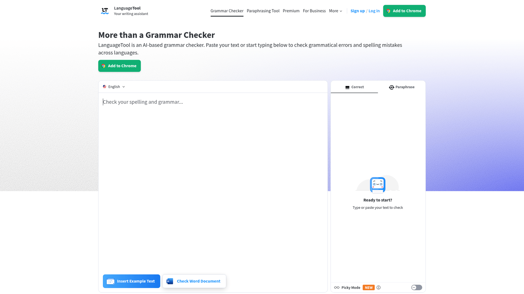 A screenshot of the LanguageTool homepage, a multilingual proofreading tool and a versatile Grammarly AI alternative.