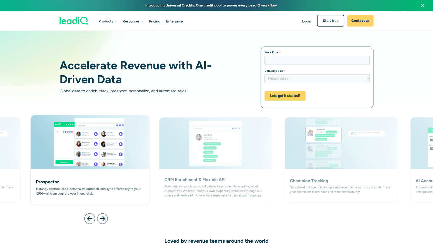 A screenshot of the LeadIQ website, a platform that helps with prospecting for AI lead generation content AI.