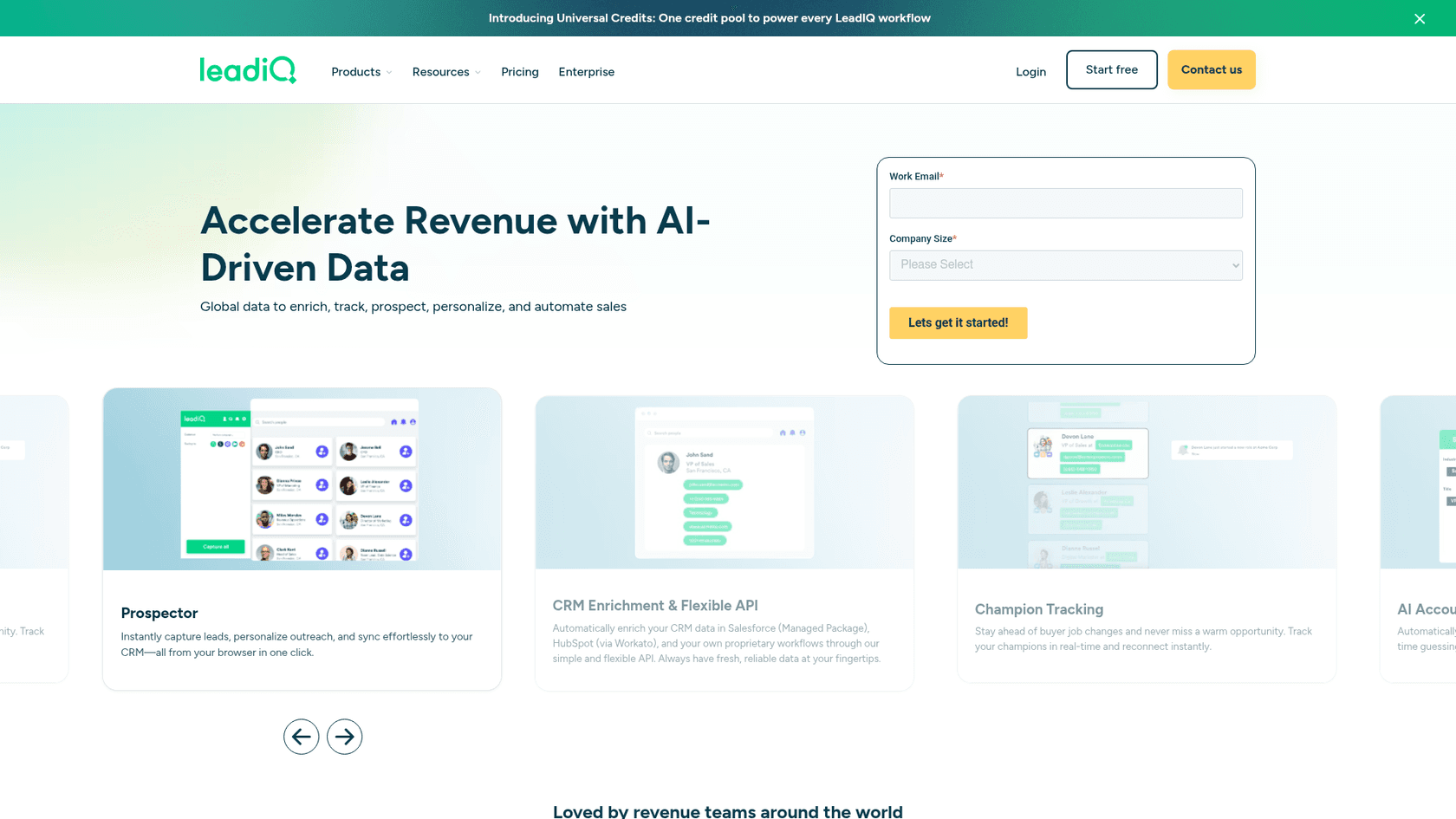 A screenshot of the LeadIQ website, a platform that helps with prospecting for AI lead generation content AI.