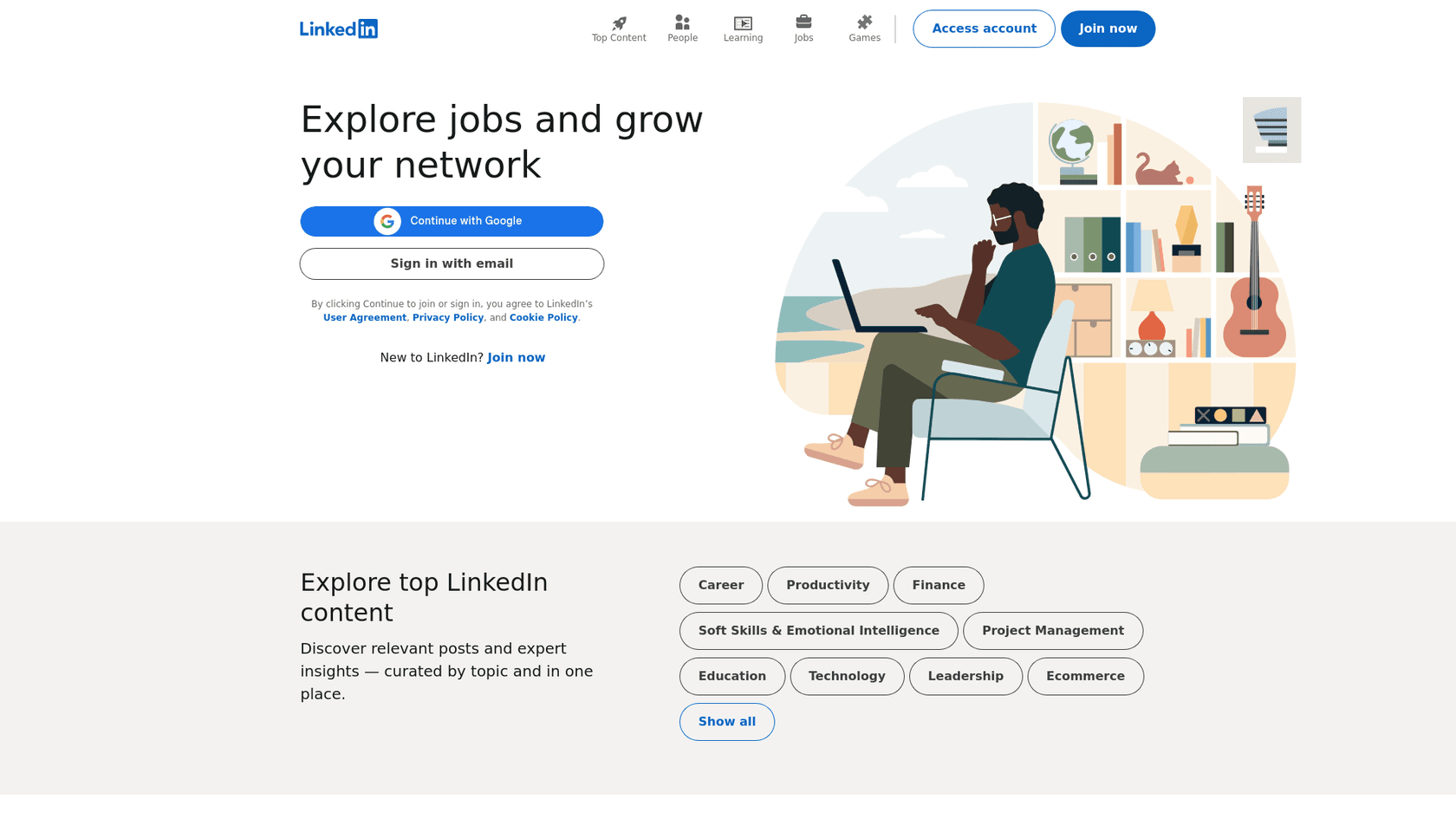 A página inicial do LinkedIn, uma rede profissional que é um recurso fundamental para como se tornar um redator de conteúdo.