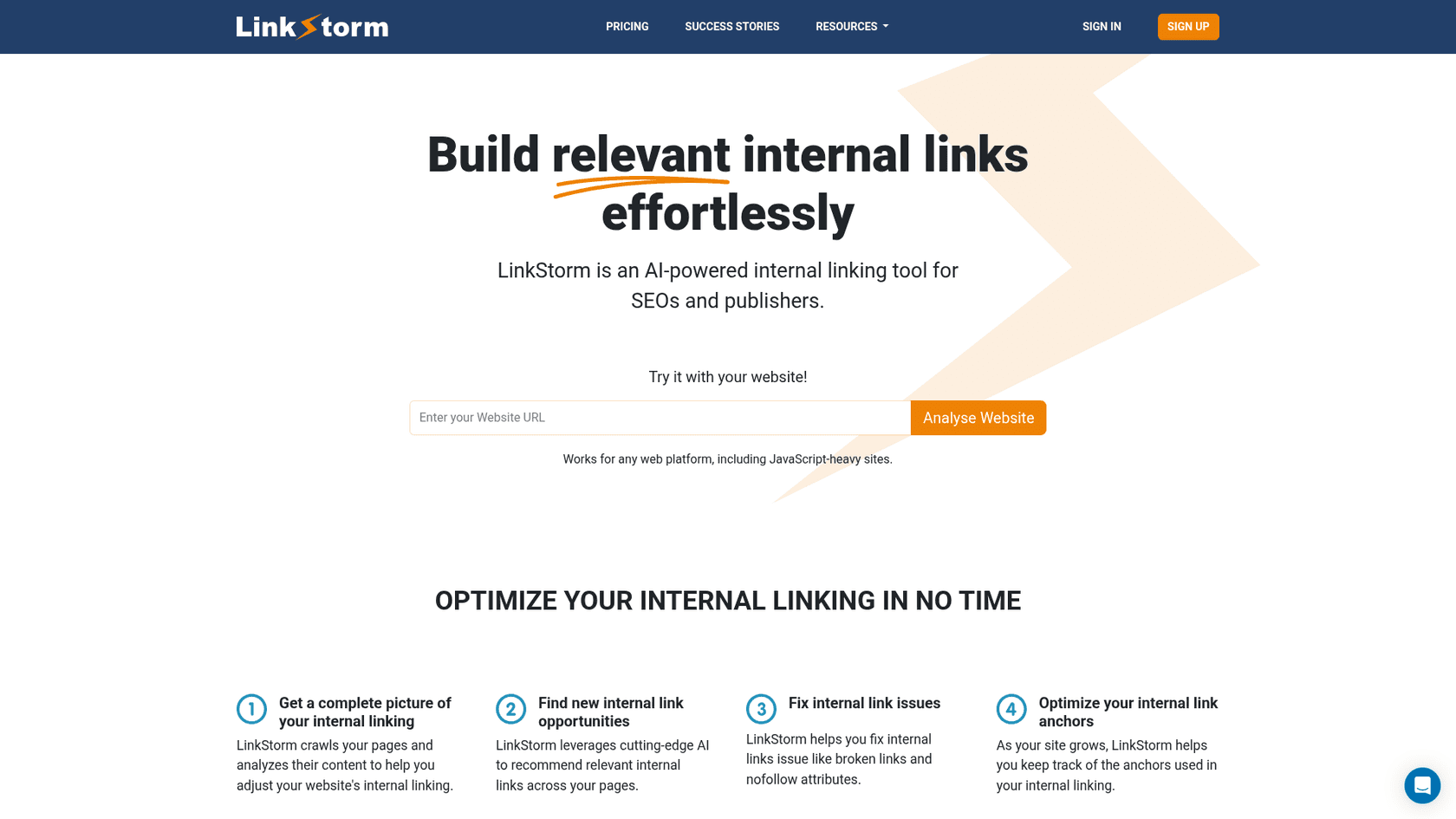 A screenshot of the LinkStorm website, a platform-agnostic AI internal linking tool.