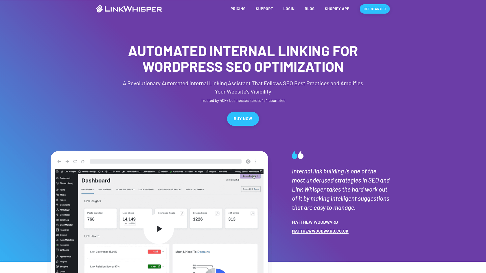 A screenshot of the Link Whisper website, a popular AI internal linking tool for WordPress.
