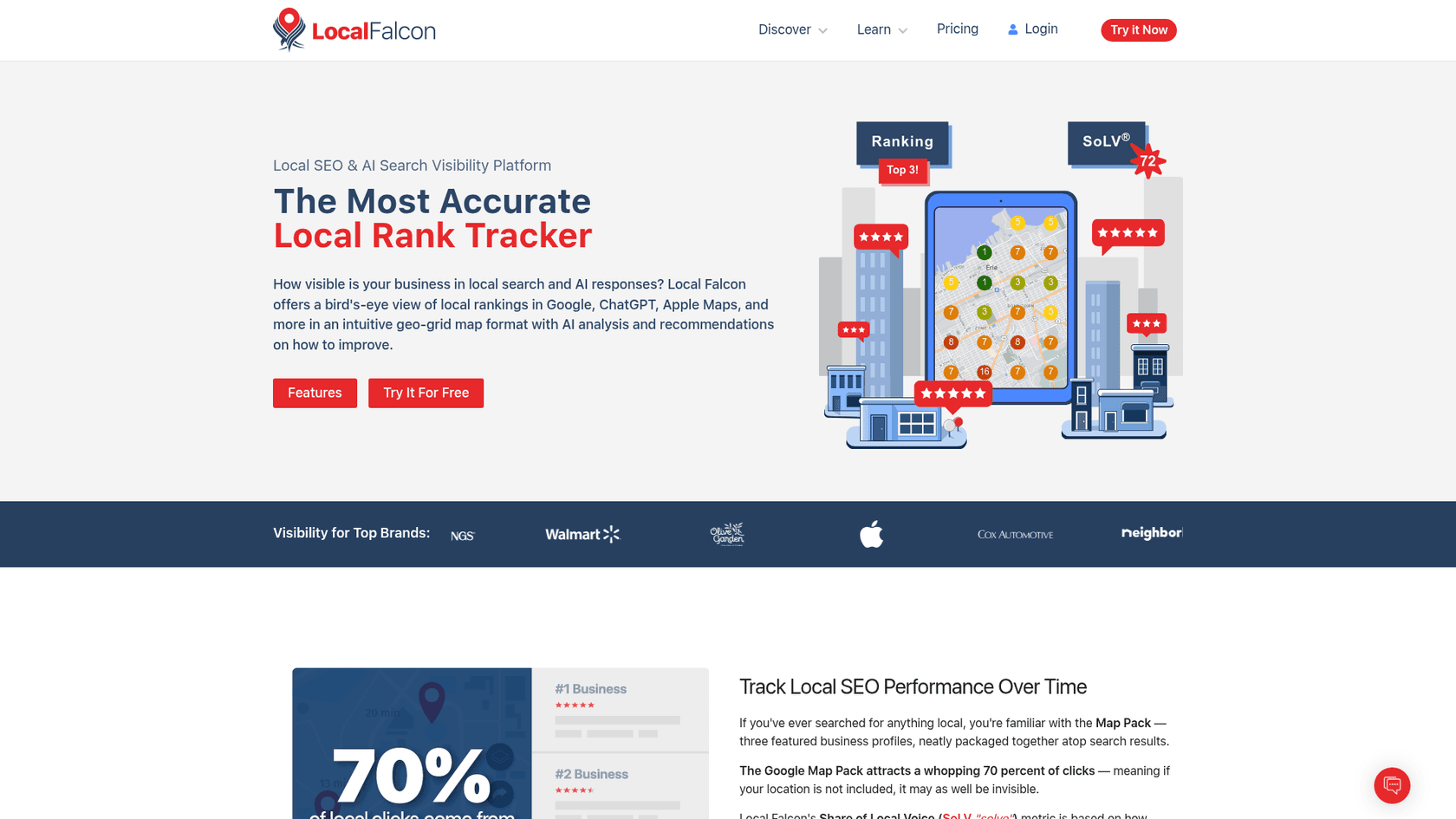 A screenshot of the Local Falcon homepage, which showcases its visual rank tracking local SEO tools.