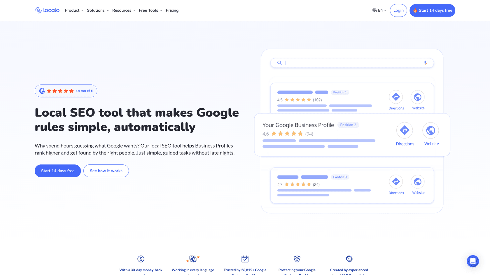 A screenshot of the Localo homepage, which features simple and guided local SEO tools for small businesses.
