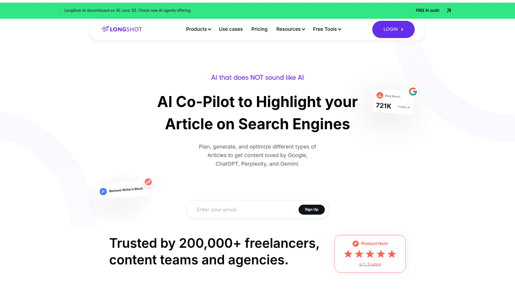 A screenshot of the Longshot AI homepage, a tool in the Longshot AI vs Copy.ai comparison.