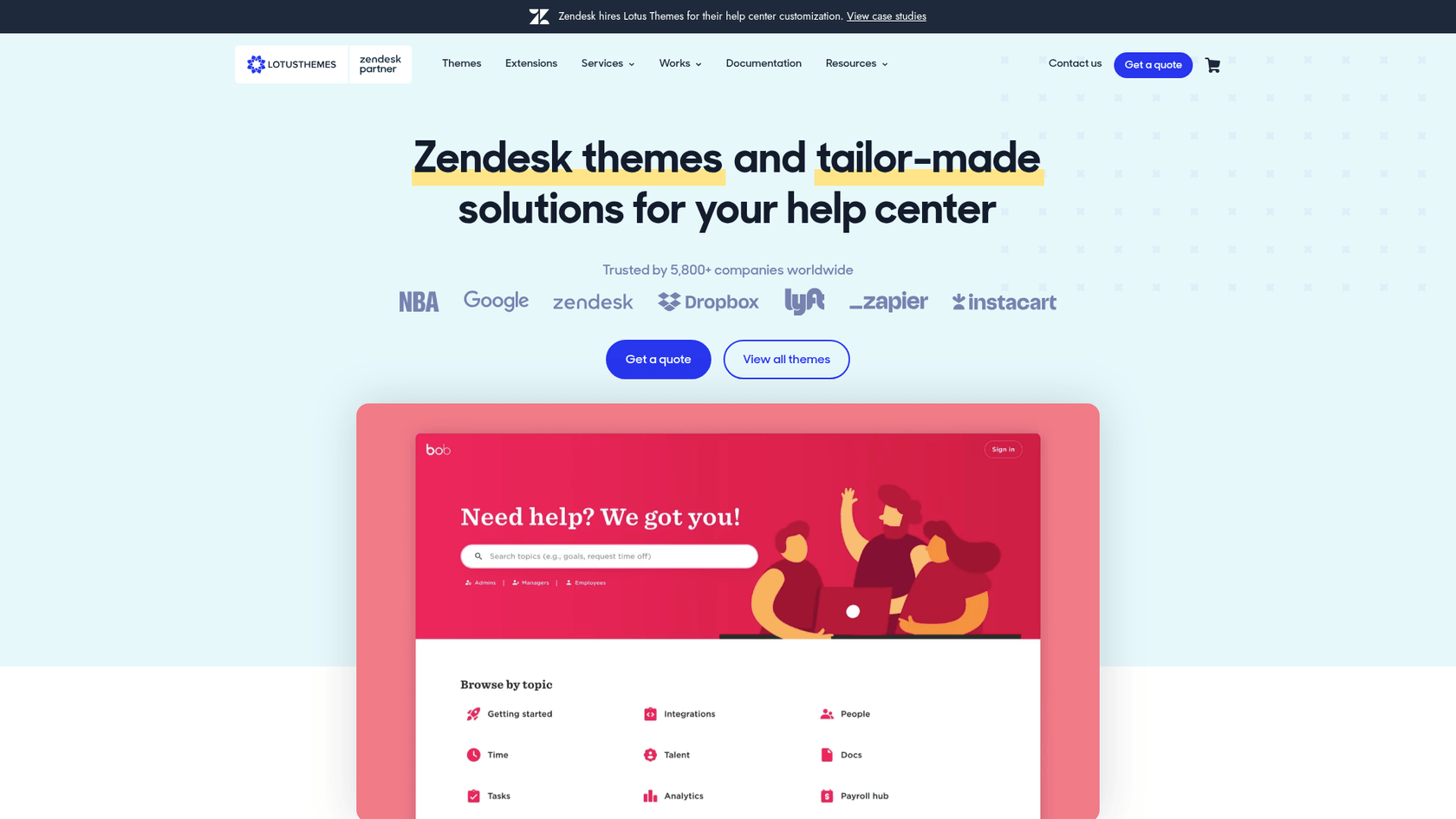 プレミアムZendesk GuideテーマをフィーチャーしたLotus Themesのランディングページ。