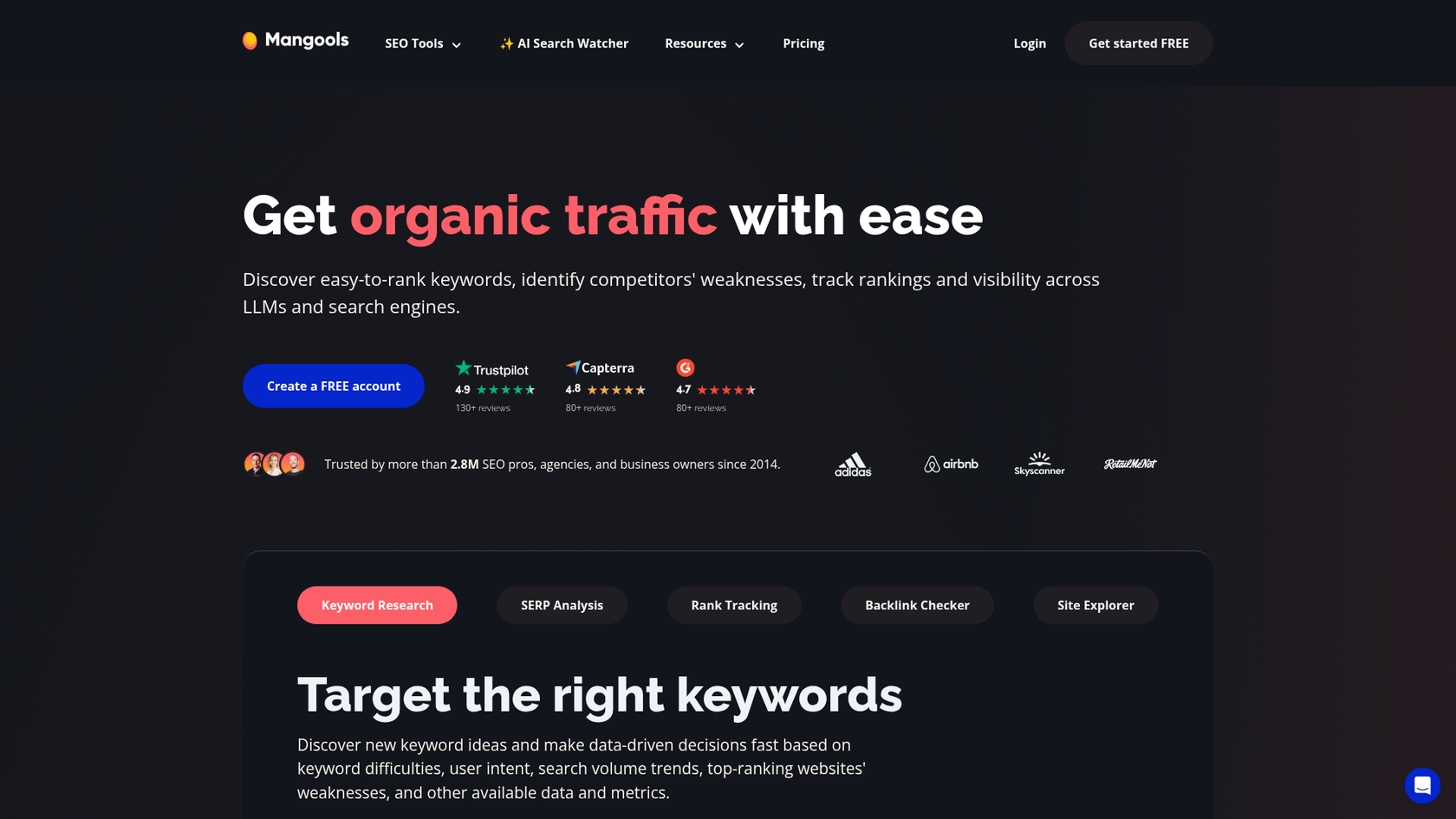 手頃な価格のSEOツールスイートを紹介する、Mangoolsのホームページのスクリーンショット。