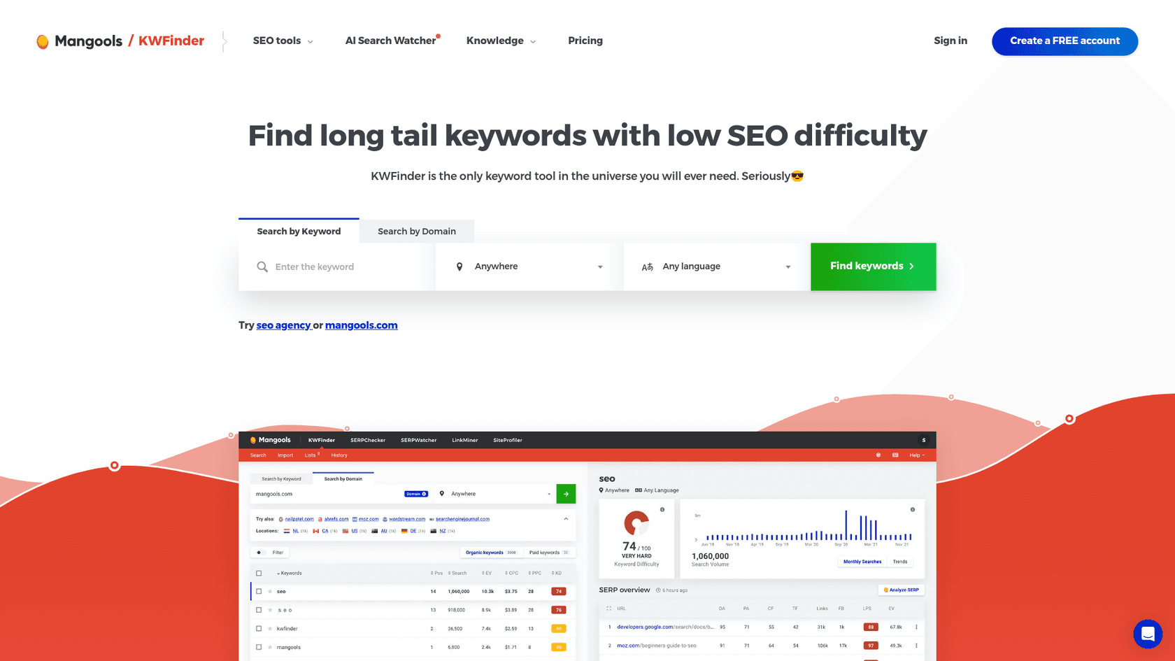 A screenshot of the Mangools website's landing page, a cost-effective choice from the list of SE Ranking alternatives.