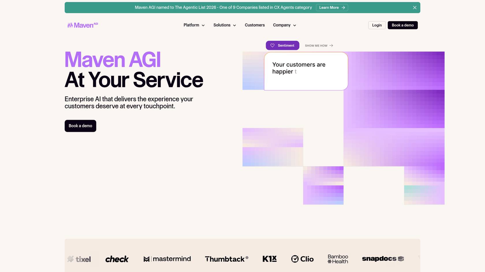 Page d’accueil de la plateforme d’IA d’entreprise Maven AGI mettant en évidence les capacités d’automatisation d’entreprise