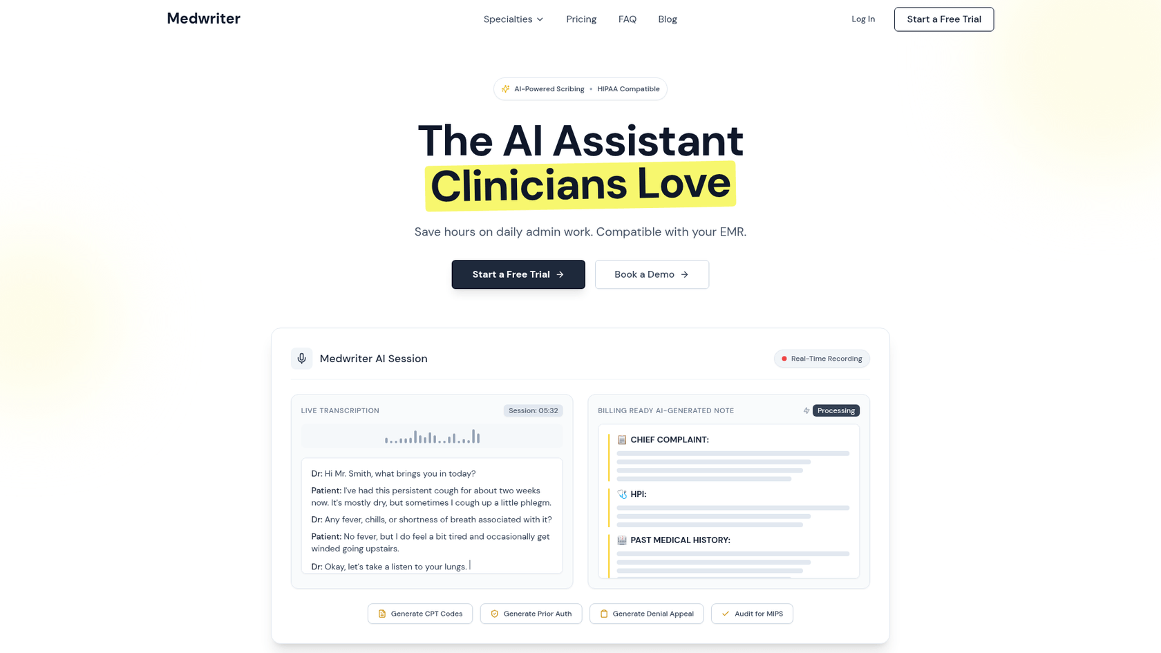 A screenshot of the Medwriter.ai landing page, an AI medical blog writer alternative for clinical documentation.