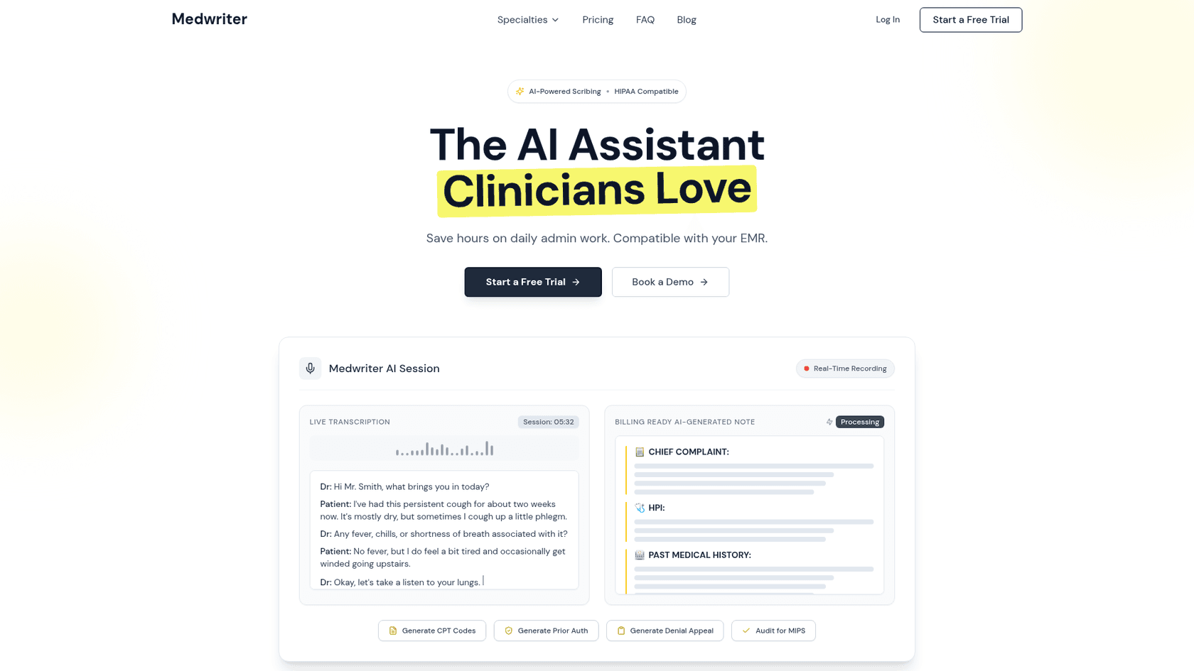 A screenshot of the Medwriter.ai landing page, an AI medical blog writer alternative for clinical documentation.