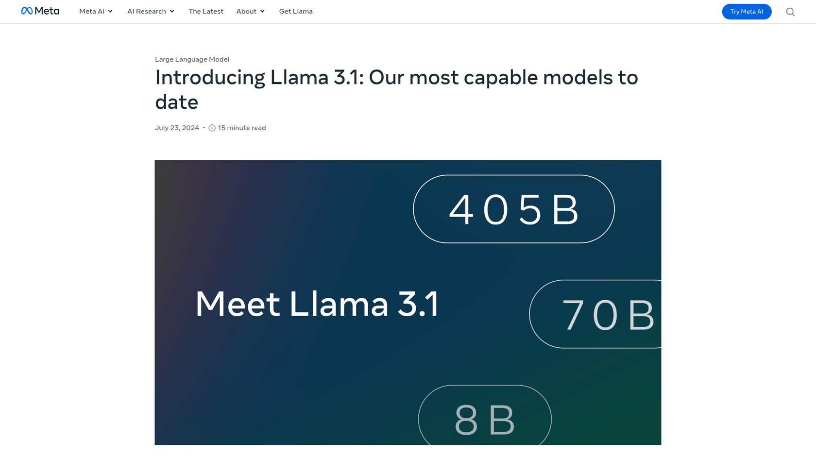 Uma captura de tela da página inicial do Meta AI Llama 3.1, uma opção de código aberto para o melhor LLM para escrita de blogs.