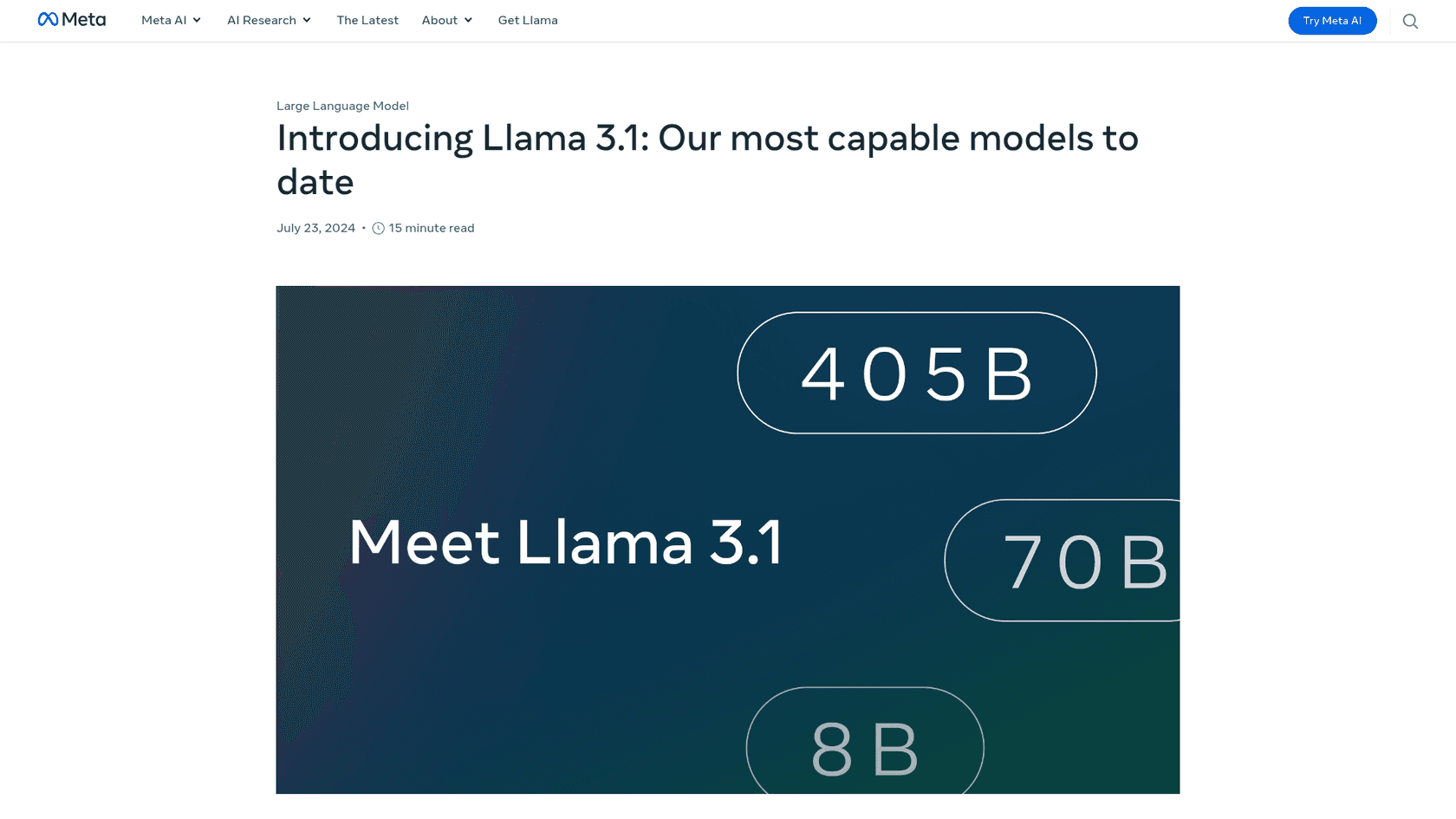Uma captura de tela da página inicial do Meta AI Llama 3.1, uma opção de código aberto para o melhor LLM para escrita de blogs.