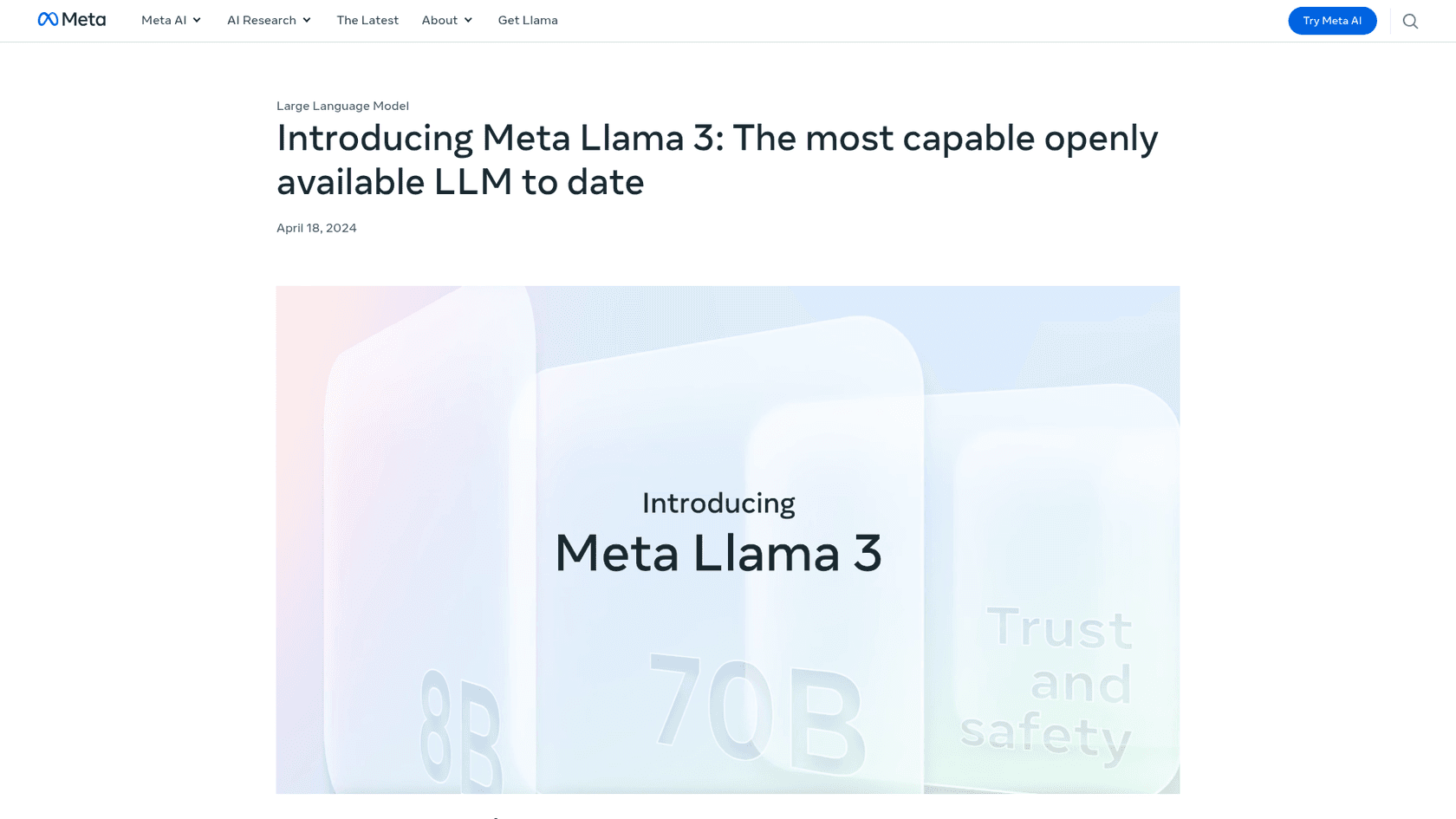 Une capture d'écran de la page d'accueil de Meta AI Llama, pertinente pour le débat Llama vs ChatGPT pour la rédaction.