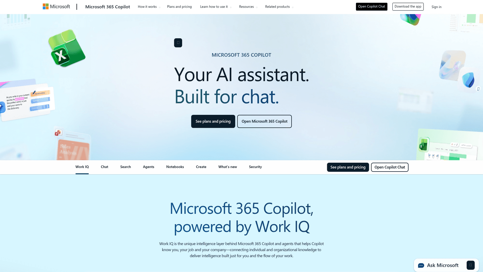 Uma captura de tela do site do Microsoft Copilot, um assistente de escrita com IA integrado ao ecossistema Microsoft 365.