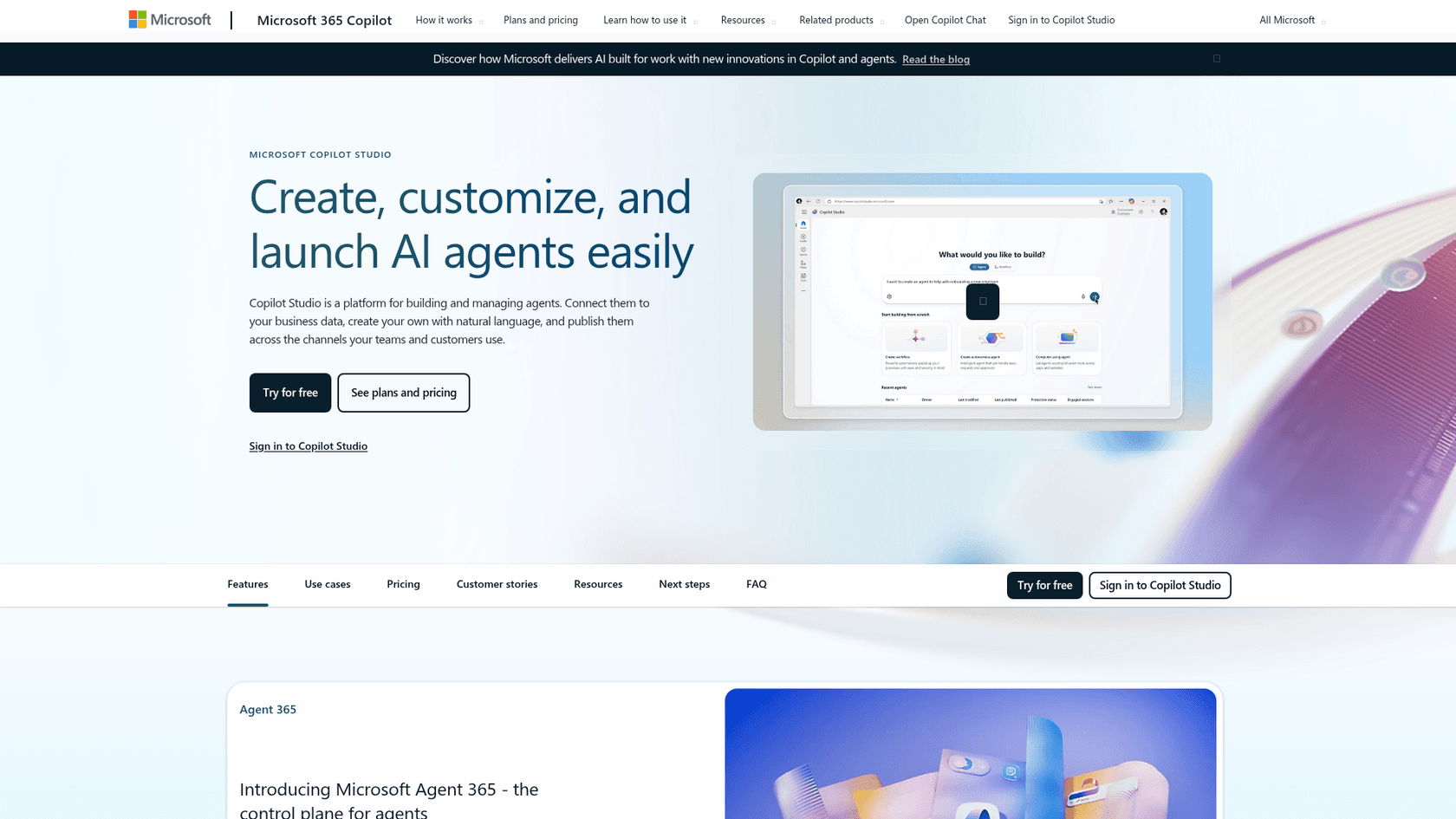 A screenshot of Microsoft Copilot Studio's landing page.