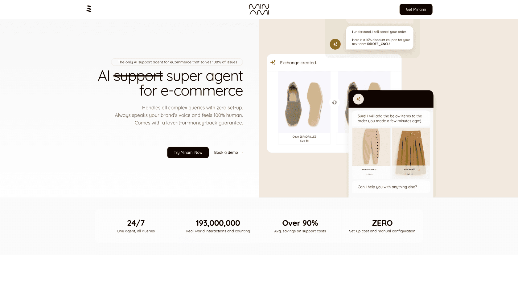 Minami AI landing page showcasing autonomous ecommerce support capabilities