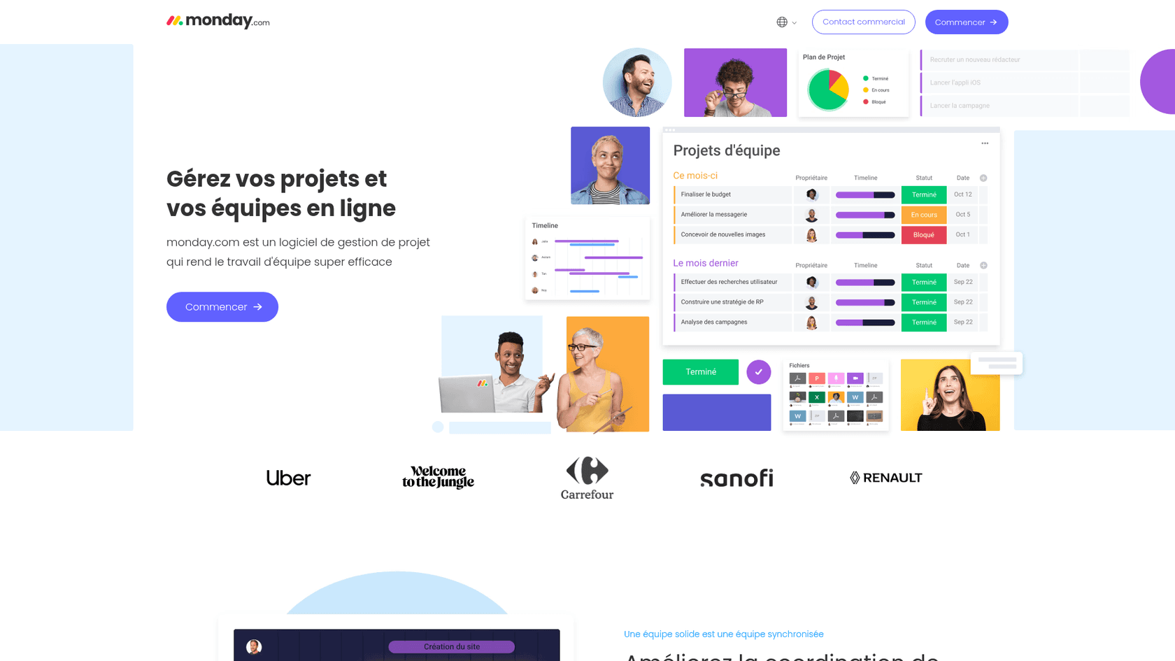Work OSプラットフォームとビジュアルボードを強調するmonday.comのランディングページ