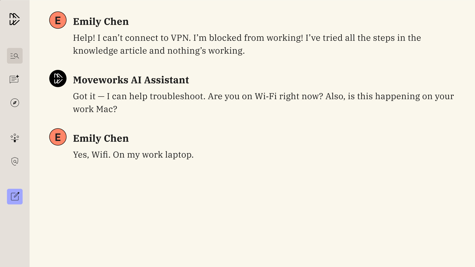 Moveworks AI Assistant handling a VPN troubleshooting request — the assistant asks diagnostic questions and takes action without a human agent involved