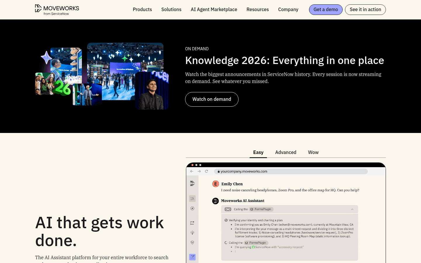 A screenshot of the Moveworks website homepage, introducing the AI platform for enterprises.
