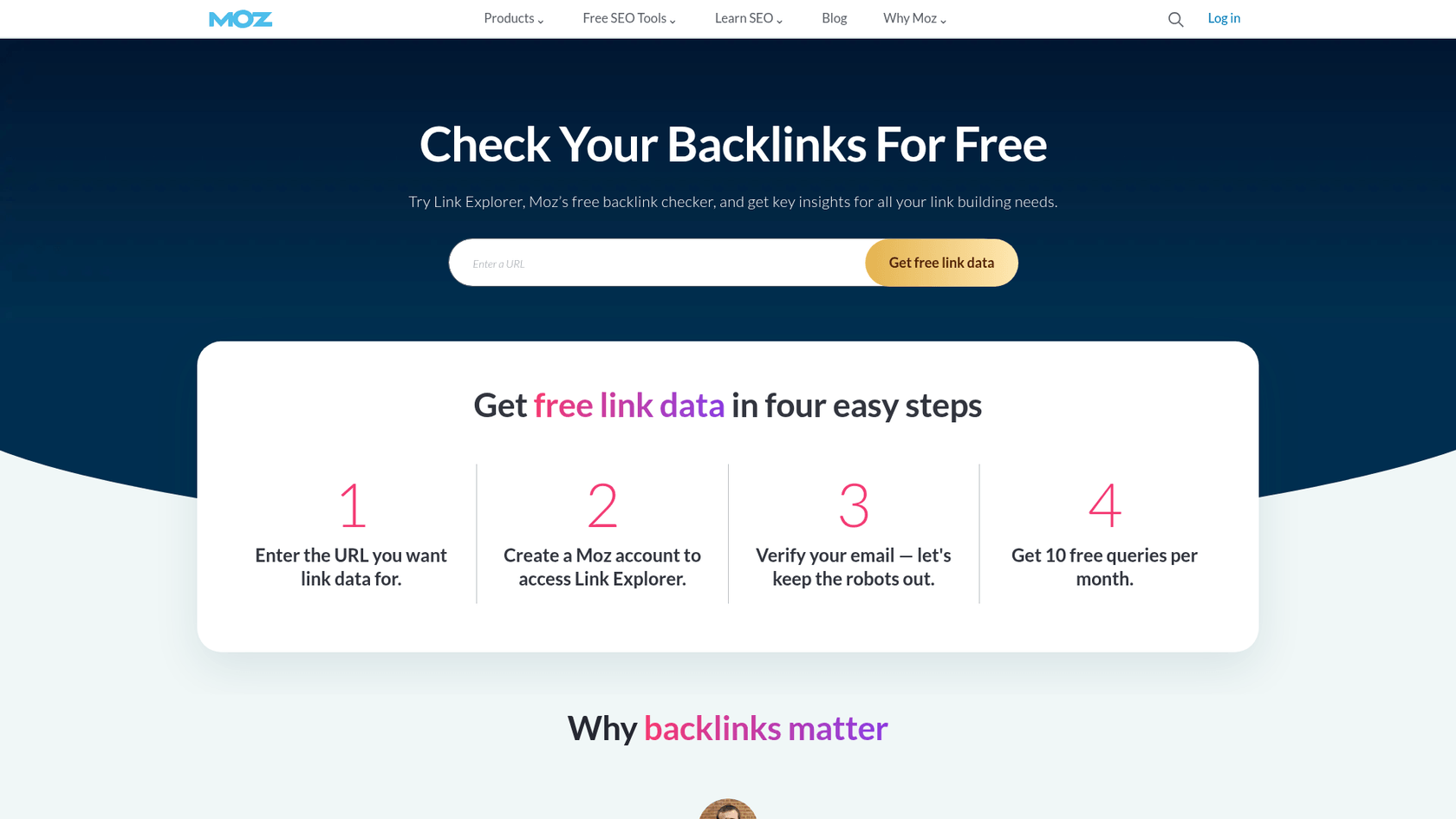 A screenshot of the Moz Link Explorer website, an example of user-friendly off-page SEO tools for authority tracking.
