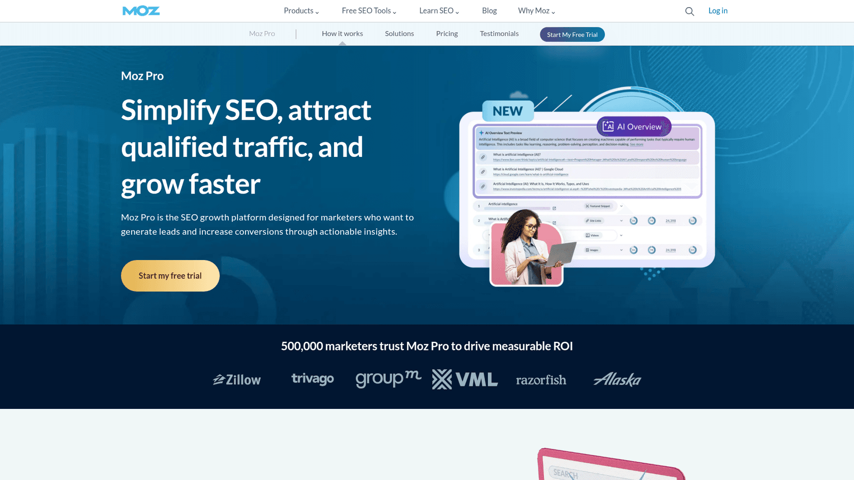 A screenshot of the Moz Pro homepage, a long-standing provider of trusted SERP analysis tools and metrics like Domain Authority.