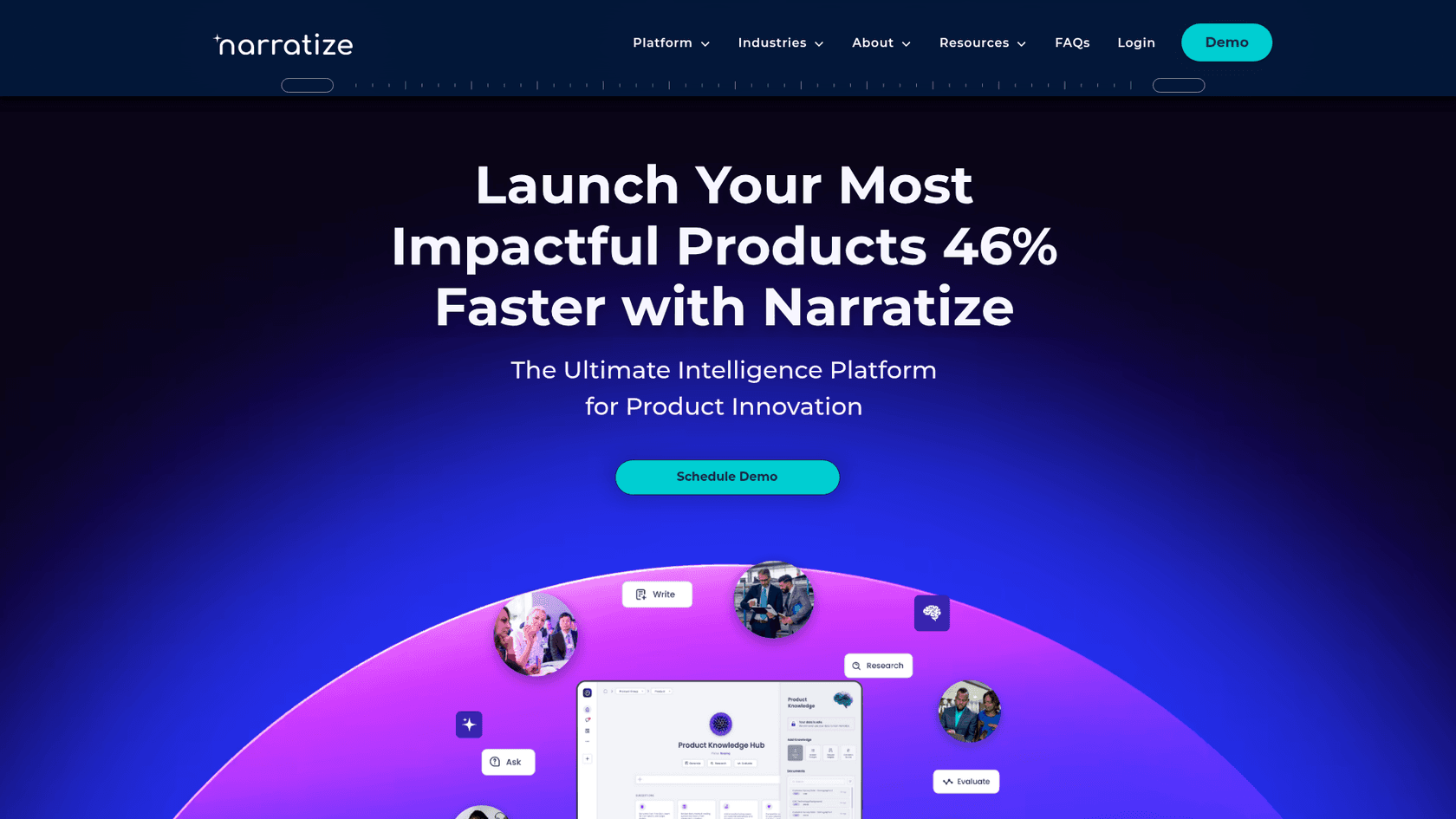 The Narratize website, which offers an intelligence platform for enterprises on how to create AI whitepapers for technical fields.