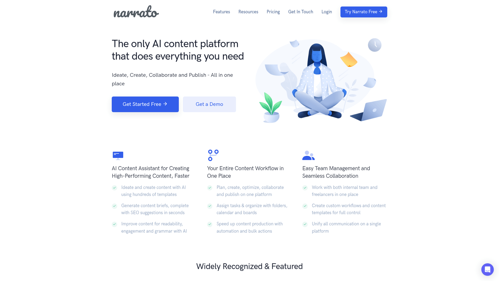A screenshot of the Narrato homepage, an example of an AI blog writer designed for content workflow management.