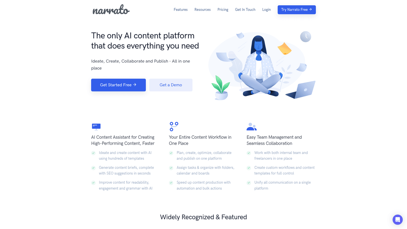 Ein Screenshot der Website von Narrato, einer Content-Workflow-Plattform mit einer kostenlosen Testversion für das SEO-Blog-Writing mit KI.